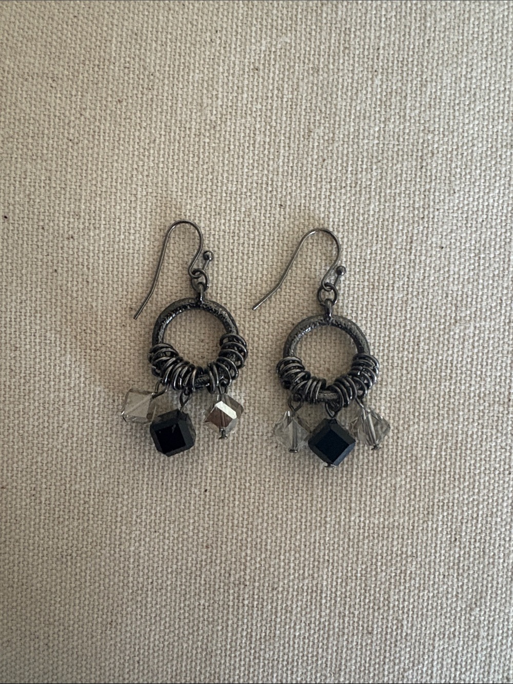 Gunmetal Hoop Dangle Earrings with Black and Smoke Crystal Beads